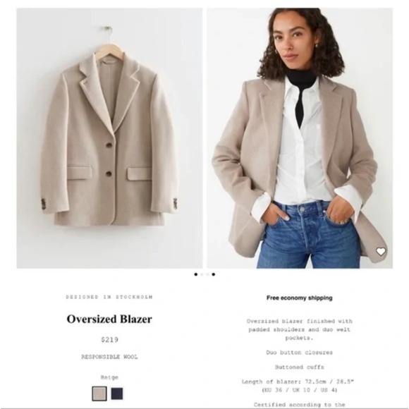 & Other Stories Oversized Wool Blazer, Size 0 / EU 32, Oatmeal Beige - Picture 4 of 8